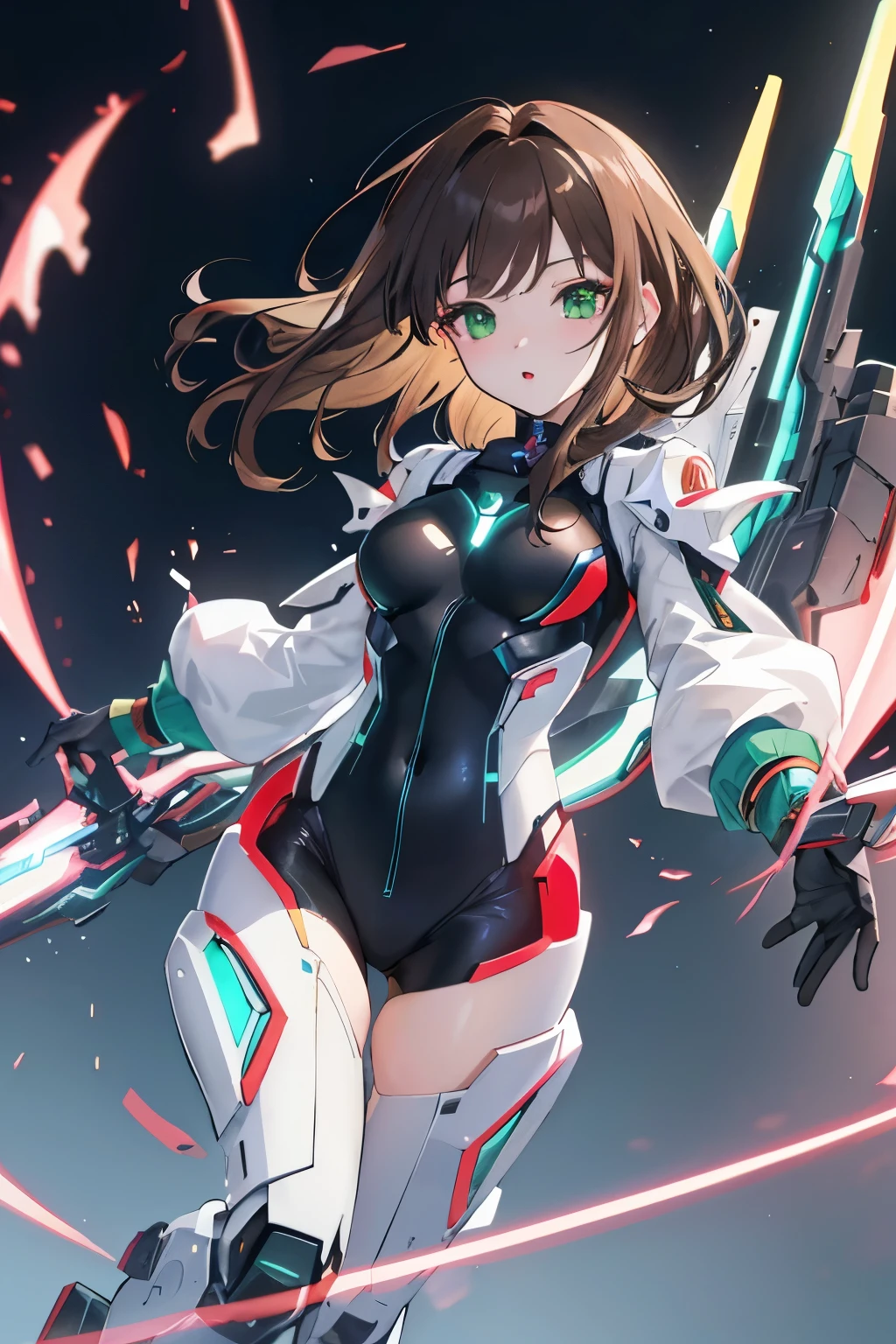 ((masterpiece, Highest quality, High resolution, 超High resolution, Pixel perfect, Written boundary depth, 4K, RTTX 10.0, High resolution))), 1 person, single, alone, Beautiful Anime, Beautiful art style, Anime characters, ((Shortcuts, bangs, Dark brown hair)), ((Green Eyes:1.4, Round eyes, Beautiful eyelashes, current eyes)), ((Smooth texture:0.75, Anime CG style)), ((Dynamic Angle, close)), Perfect body, (cute), Normal chest, whole body, ((4K, 8k, Highest quality, Perfect Fingers: 1.3, Perfect Anatomy: 1.3, Background Blur)), whole bodyアングル, Illustration of a girl in a mech suit, The characters are dressed in highly functional and stylish mecha suits.、The suit is designed to fit the body、Features various parts that support movement and glowing energy lines, The suit's color has a metallic texture., The background is a futuristic city and a battlefield.、Overall powerful、A scene full of sci-fi vibes