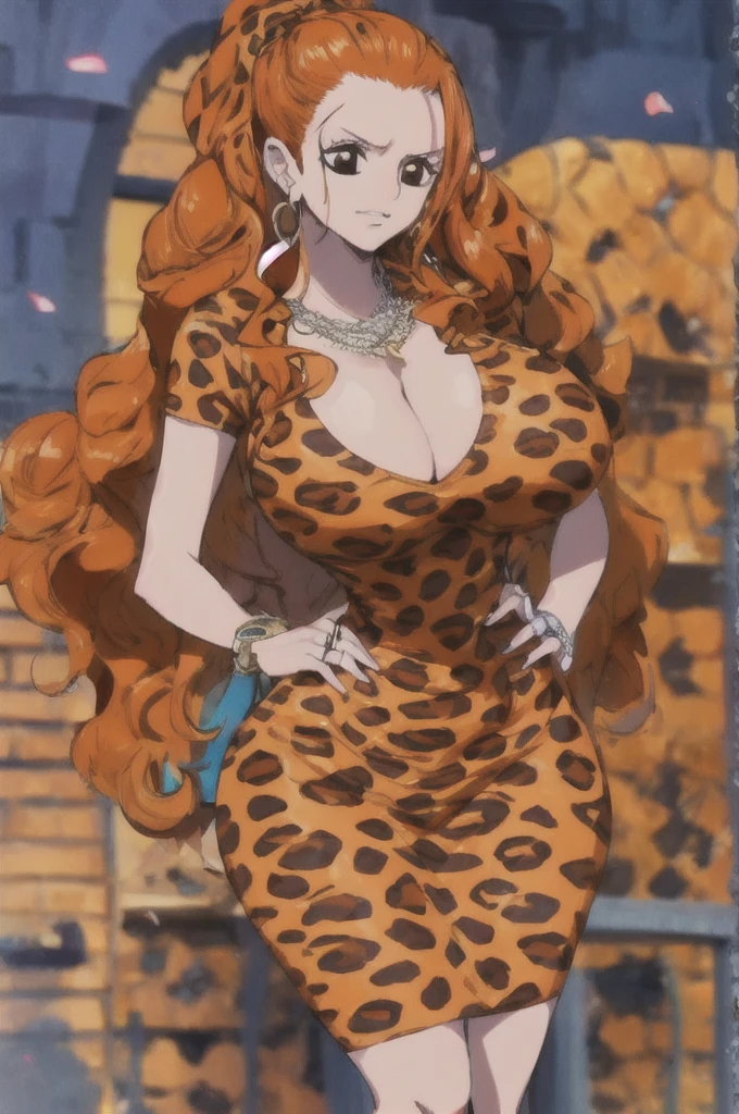 Nami,One piece,slicked high Top knot hairstyle,Big breast,Blue drop earring,Thin orange leopard print short sleeve dress with cleavage,tight short sleeve,Wedding ring,Orange hair,Absalom wife,Necklace,Hoop bracelet,Long nail,Wide hips,gaze in viewer,Wavy ponytail,Half eyes open,Spouty lips,Calm expression