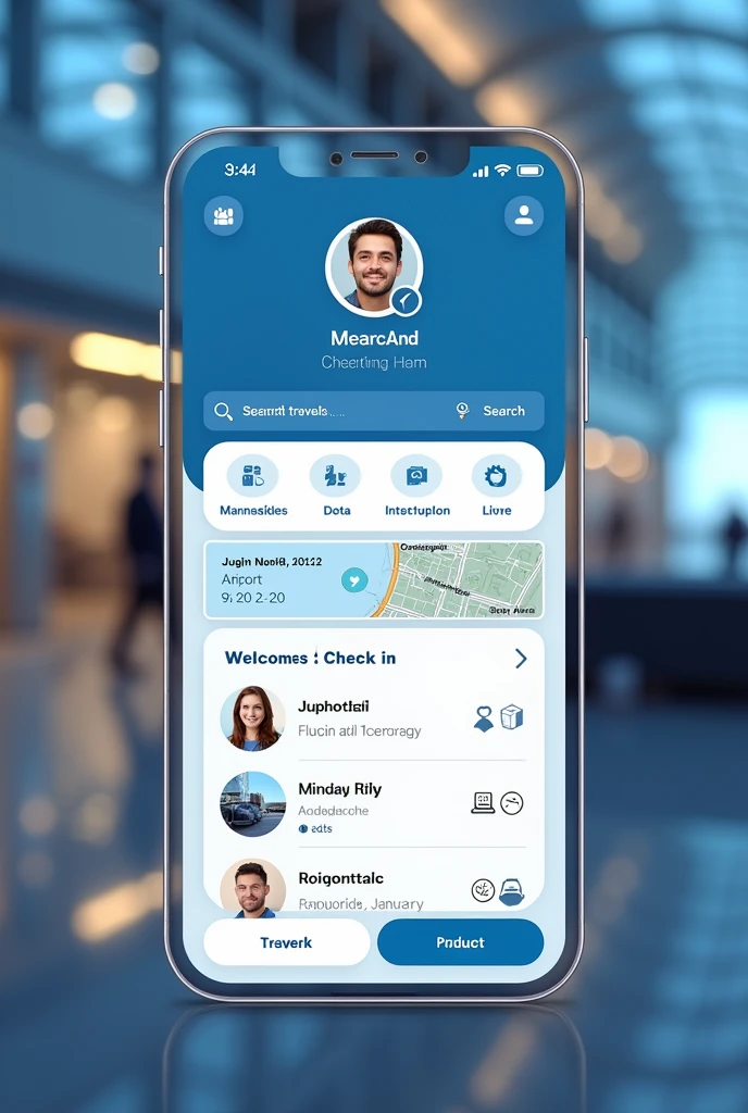 chat create an airport app home screen with the profile of the person who will travel and who has: airport map,search bar to find where the Joja you are looking for is and check-in using FaceID