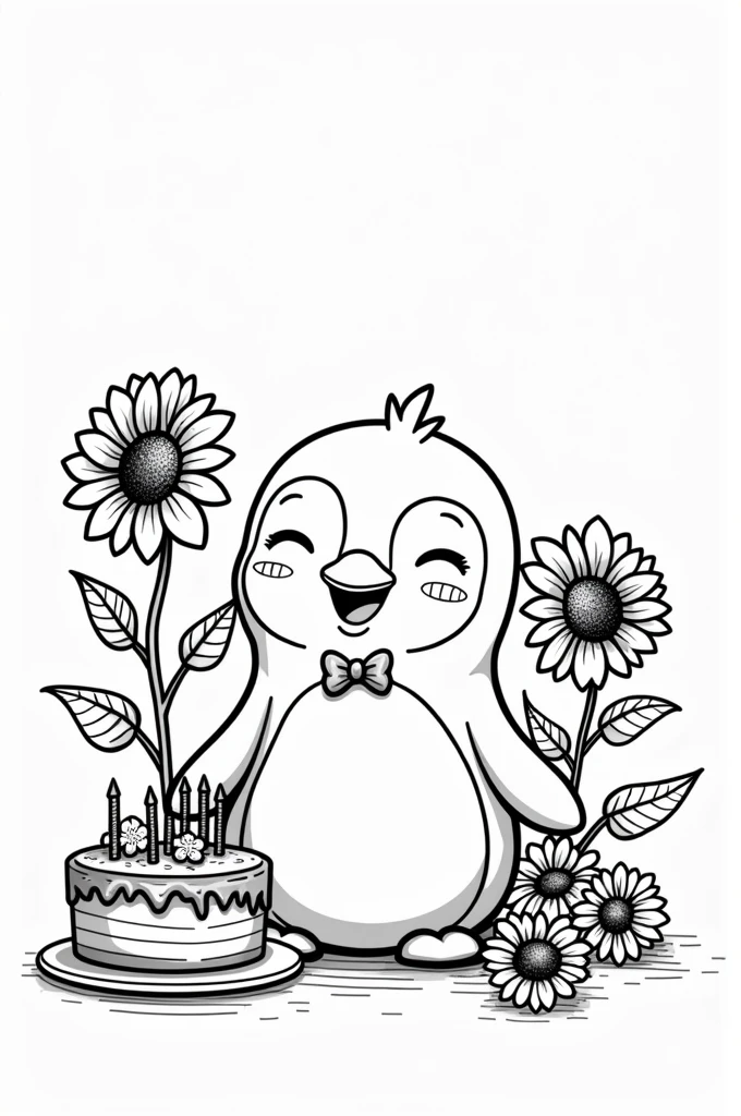 Can you make me a black and white template to color of a cute little penguin with a chocolate cake and some sunflowers??