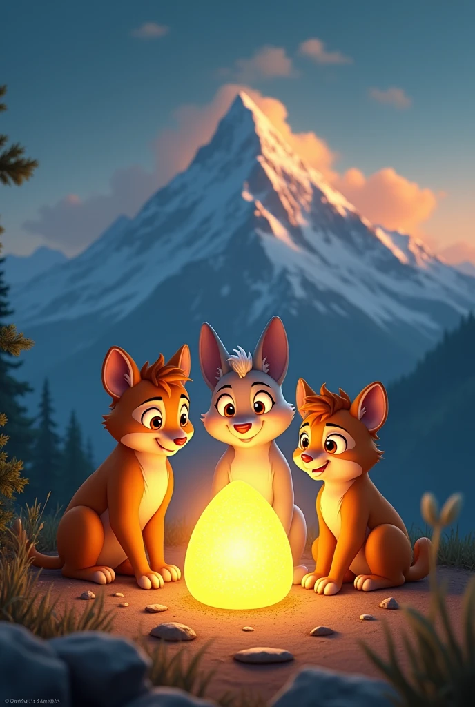 
Scene 6: Discovering the Glowing Seed

Prompt: "At the peak of the mountain, the three friends find a glowing, golden seed resting on the ground, radiating a soft light. Benny, Tara, and Ollie gather around it in awe, their faces lit up by the golden glow. The scene captures the magical moment of discovery and the significance of the treasure they have found." In animal animation 
 animal animation photo 