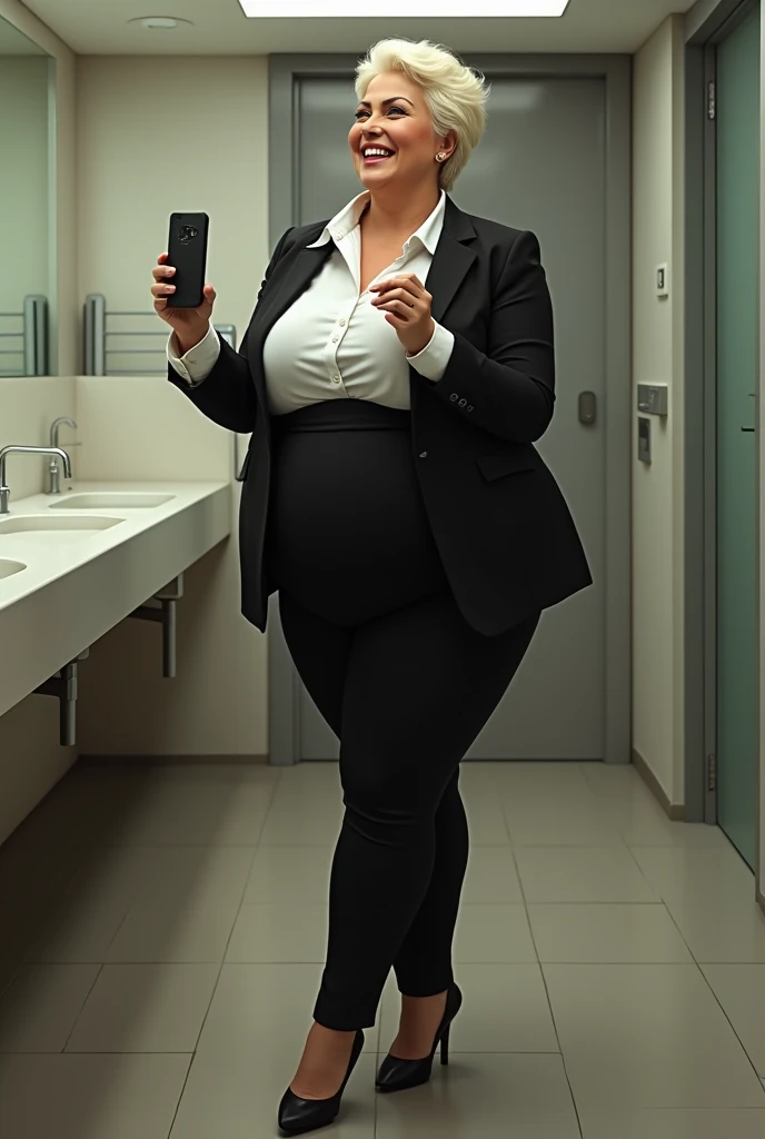 50 years old, A woman with short blonde haire, square cut Real women, she has an hourglass figure, she has a surreal, hentai-like physique, with exaggerated curves that showcase large buttocks and voluminous breasts, she is verry slim (not obese or pregnant)
Executive: Elegant, professionally dressed woman.
Attire:
Jacket: Black suit.
Top: White blouse.
Bottom: Fitted pants.
Shoes: Black pumps.
Context: Company washroom, modern but impersonal decor.
Action: She takes a selfie in the mirror, flashing a forced smile despite a stressed expression.
Expression: Determined look, but with a glint of fatigue, as if trying to hide her discomfort.
Atmosphere: A slightly tense atmosphere, with the background noise of office activity contrasting with the intimacy of the bathroom.