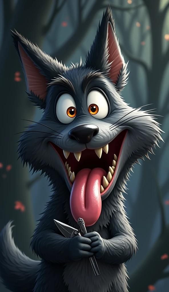 A hand drawn whimsical, cartoonish furry black fox with large, expressive orange eyes, and exaggerated facial features with canine teeth, long jaw, stands with a mischievous, wide-eyed grin, holding a fork in one hand and a knife in other hand and matching the exact expression as the (reference image:1.4). The fox's fur is dark black with tufts of fur adding texture and character. Its mouth is open wide with a comically large tongue sticking out, adding to its playful and mischievous appearance. The overall style is highly detailed with a touch of (hand-painted quality:1.4), focusing on exaggerated expressions:1.3, vibrant colors, and a humorous, light-hearted mood. The background is a softly blurred, dark-toned forest with hints of light filtering through the trees, adding to the magical and whimsical atmosphere.