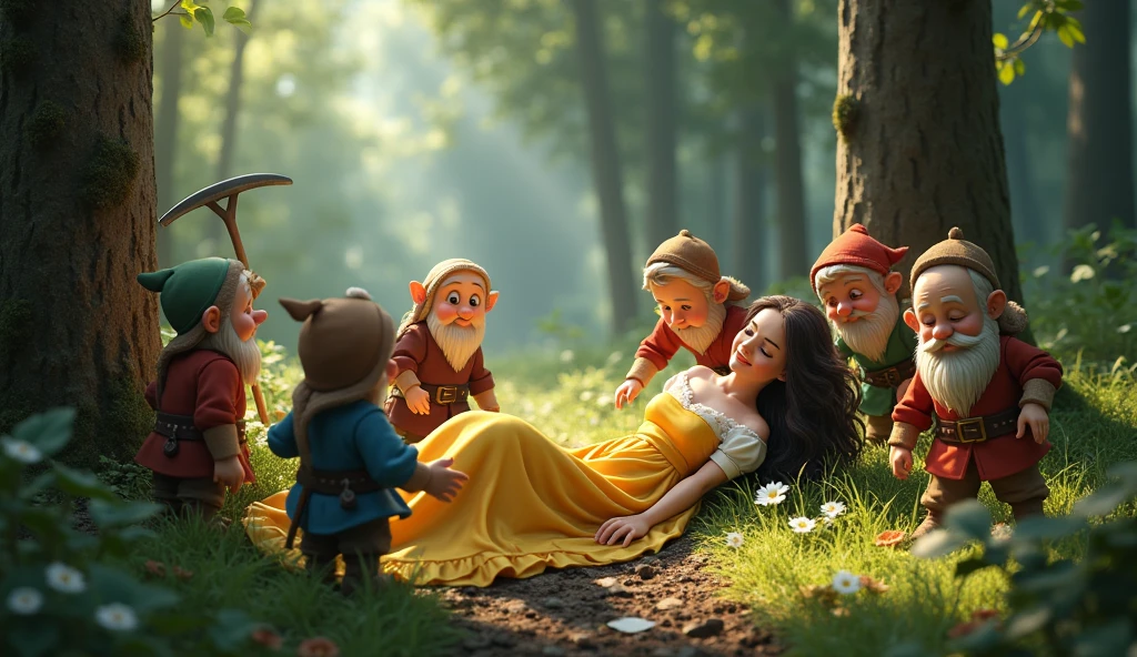 discovery、surprise、Joy The dwarves find Snow White asleep、surpriseと喜びに包まれる。
