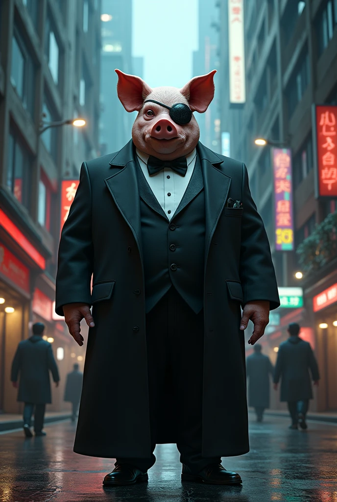 Rich man with scary pig head with eye patch wear tuxedo, big boss vibes, fat body, with cyberpunk city background, cinematic, realistic, high details, journey to the West, humanoid, main villain, realistic, depressed