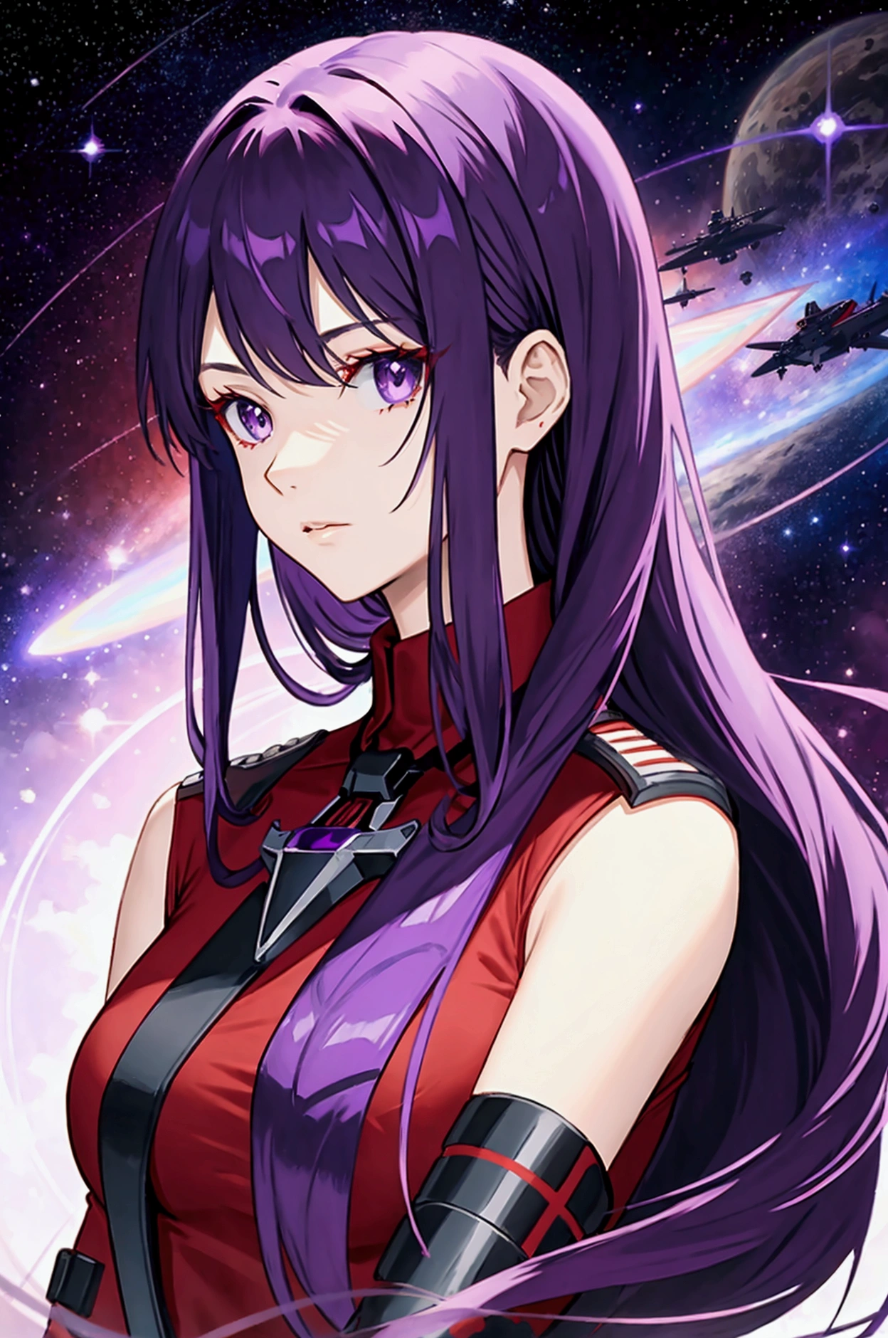 (neck cover plain red shirt), (only one beautiful and cool girl), (purple eyes), (Shoulder-length hair), (straight hair), (purple hair), (science fiction),(ace pilot),(black long gloves), (space), (facing the front)