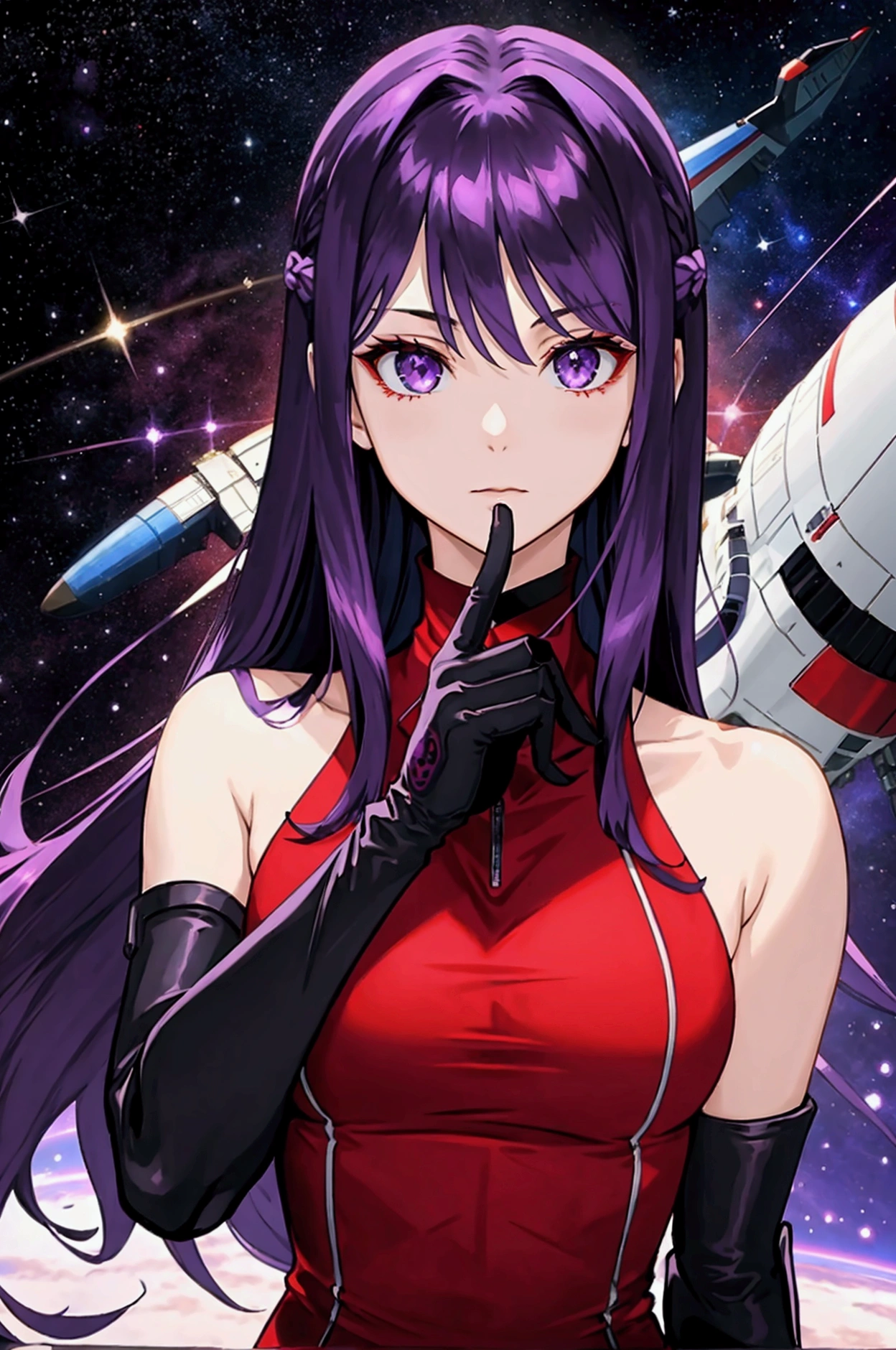 (neck cover plain red shirt), (only one beautiful and cool girl), (purple eyes), (Shoulder-length hair), (straight hair), (purple hair), (science fiction),(ace pilot),(black long gloves), (space), (facing the front)