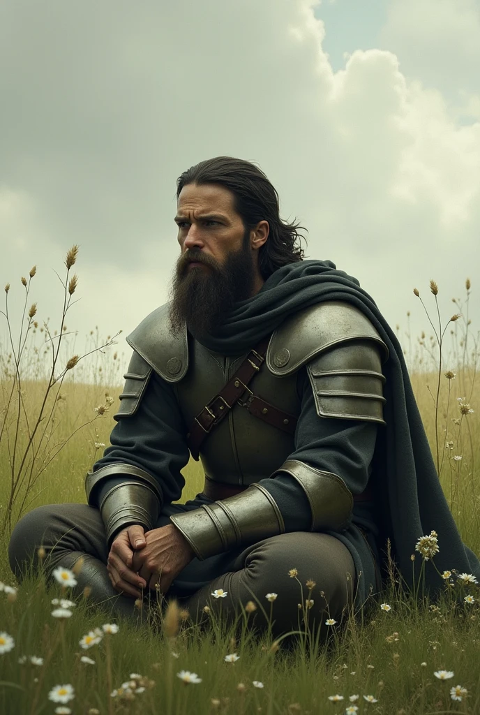 a lonely medieval soldier, long black hair swept back, trimmed beard, sitting in a field, thinking about everything, calmed down