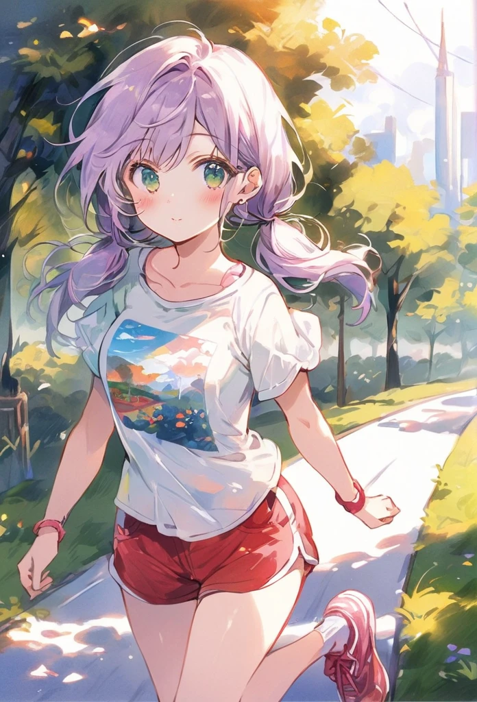 ((best quality, high resolution)), (delicate illustration), (vividcolor style illustration:0.9), (watercolor style illustration:0.4), ((beautiful:1.3)), 4k,
(((1 beautiful woman))), small breasts:0.7, dark green eyes, (blush), ((T-shirt, shorts, jogging shoes,)), low-twintails Hair, pale purple hair, A girl happily jogging, (((Park Walkway:1.3))), ((glance upward at viewer)), cowboy shot,