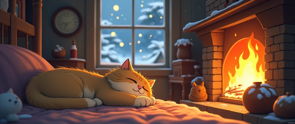 Anime , A cat sleeps by the fireplace in a warm home, Cozy ,Lofi ,Ultrawide , Studio Ghibli Inspired ,vibes ,Wide view ,Outside the window there is snow