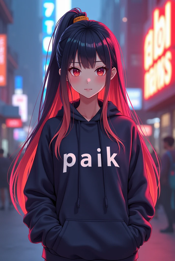 Create anime character;
{background: HD capital text: “GLBK” in right-top, night}, tanned skin,
realistic, HDR, beautiful, japan style, full body size, age 20, hoodie HD text: “Paik”, female, color Gradient hair, long hair