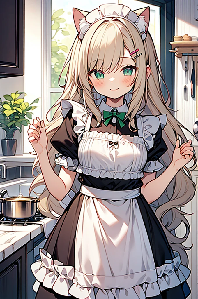 masterpiece,best quality,ultra detailed,((chibi style)),
hyper girlish boy,1shota,(pale_green wavy long hair),hairclip,cat ears,cat tail,smile,frilly camisole type maid costume,(Kitchen),((Maid's greeting)),