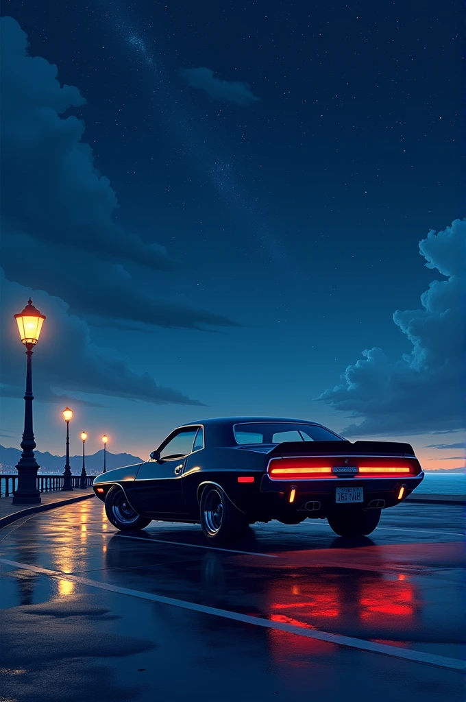 A meticulously drawn animation-style image set in a nighttime harbor. The scene features a vivid night view with a calm sea and a beautiful starry sky above filled with numerous twinkling stars. The wet road surface, reflecting light after the rain, adds to the ambiance. In the pier's parking lot, an old Dodge Challenger with a shiny black body is quietly parked, its taillights glowing softly. The car is rendered with intricate detail, and the entire composition is in high-quality 8K.highly detailed background