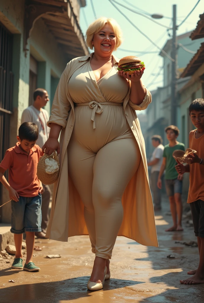 50 years old, A woman with short blonde haire, square cut Real women, she has an hourglass figure, she has a surreal, hentai-like physique, with exaggerated curves that showcase large buttocks and voluminous breasts, she is verry slim, (not obese or pregnant)
Elegant woman: Well-dressed, with a chic, well-groomed outfit.
Outfit:
Jacket: Lightweight coat in luxe fabric.
Top: Silk blouse.
Bottom: Well-cut pants.
Shoes: Sophisticated pumps.
Context: Humanitarian mission in an underprivileged neighborhood, surrounded by hungry and needy people.
Action: She holds a large hamburger in her hands, biting into it with a radiant smile, displaying obvious satisfaction.
Expression: Face beaming with happiness, eyes sparkling, contrasting with the difficult reality around her.
Atmosphere: At once joyful and poignant, with children and adults watching with curiosity and desire, highlighting the discrepancy between her happiness and their situation.