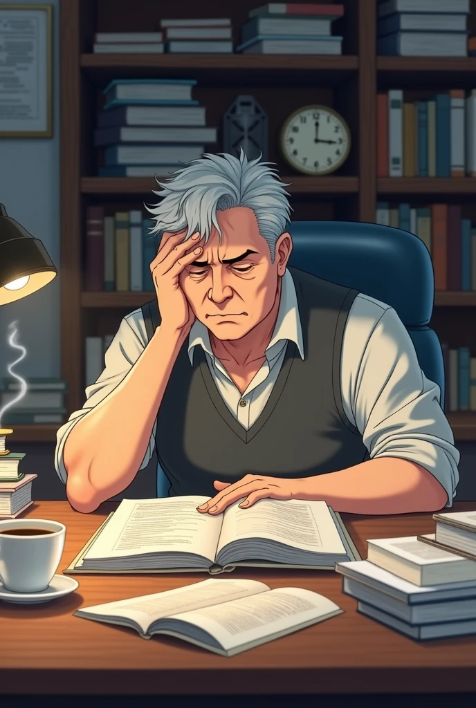 Create an anime of a 30 year old man, 110 kg, short gray hair, studying for a competition, reading books with coffee on the side