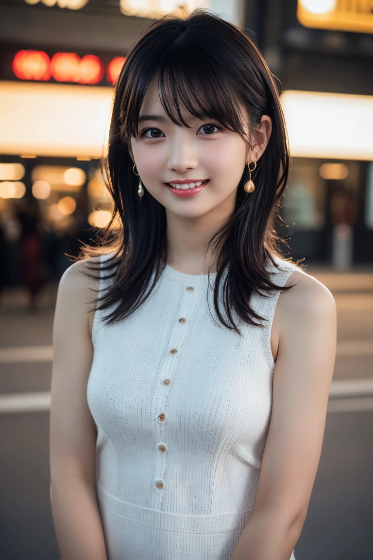 (8k, RAW Photos,Highest quality, High resolution:1.1), (Ultra-realistic:1.4),(Realistic:1.4), Realistic Face,Realistic Body,Realistic Skin,masterpiece,(cute:1.8), cute子たち, Fine black eyes,Innocent eyes,Cinema Lighting,Film Grain,jewelry,Earrings,((Medium Hair:1.1)),Cherry colored lips,Hair Ribbon,ponytail,Viewer,Long Hair,,Open your lips,Upper teeth, (Smiling Eyes:0.6),((Grin:1.3)),Blurred Background, Eye focus , Bokeh,young, 85mm lens,young,Portraiture,Photon Mapping,Radio City,Physically Based Rendering,Asian,(Knit dress:1.3))