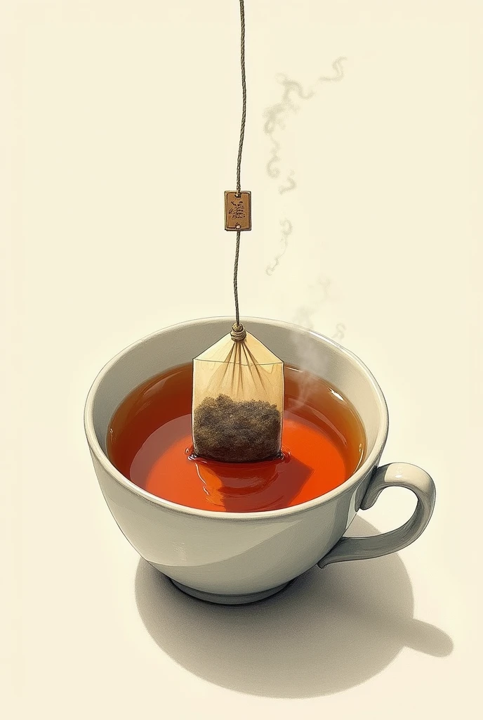 Drawing of a tea bag that fell into a tea cup from an even higher angle view