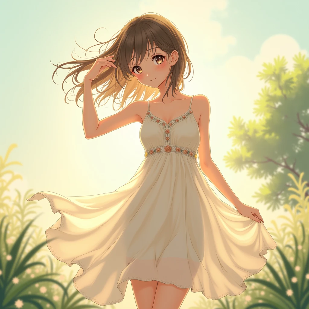 an anime woman in sundress showing her armpits 