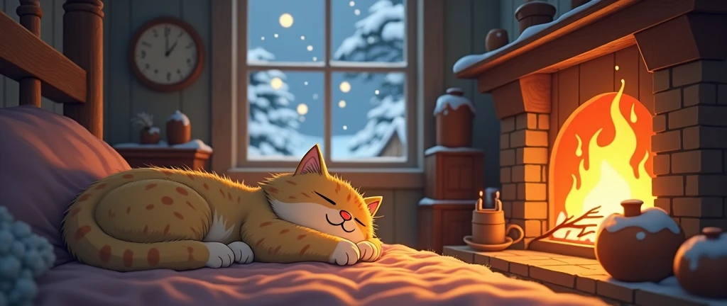 Anime , A cat sleeps by the fireplace in a warm home, Cozy ,Lofi ,Ultrawide , Studio Ghibli Inspired ,vibes ,Wide view ,Outside the window there is snow