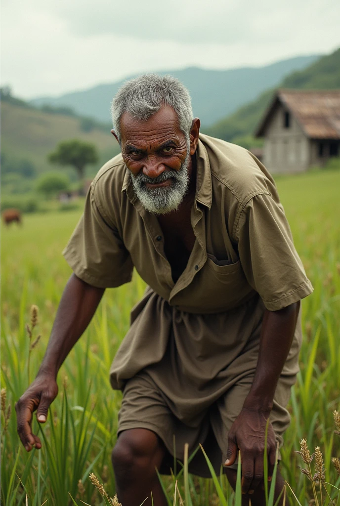 A village scene, where a man named Mohan is working in the fields. Mohan is an angry middle-aged man, dressed in simple traditional clothes, and anger is clearly visible on his face.