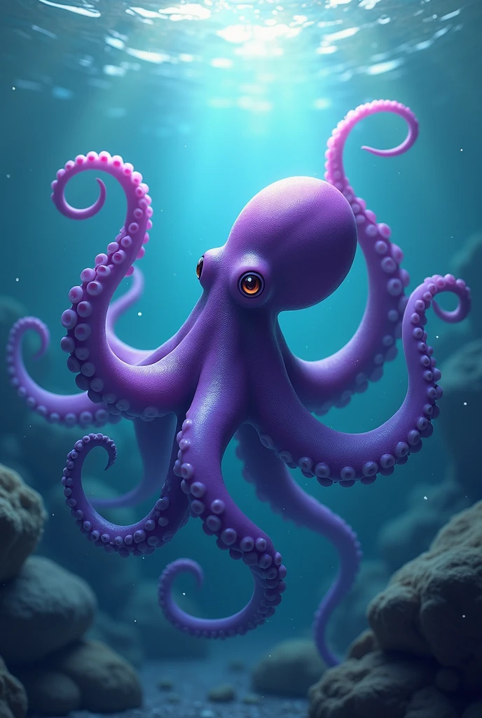 purple octopus, lying under water and raising its tentacles above the surface of the water