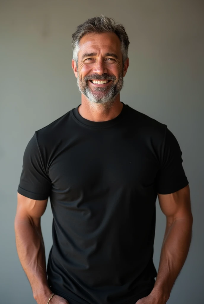 (photorealism:1.2),man wearing black t-shirt, standing and smiling