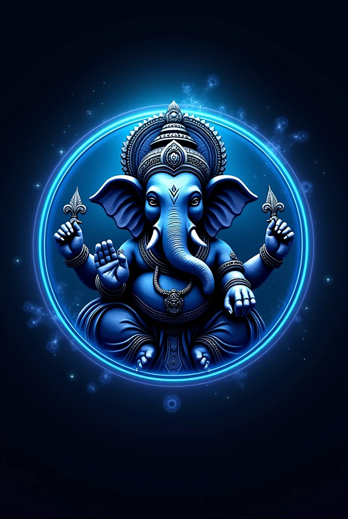 Create a logo with the name of FRIENDSYOUTH ASSOSIATION with bag round circle dark black blue NEON light Ganesh idol