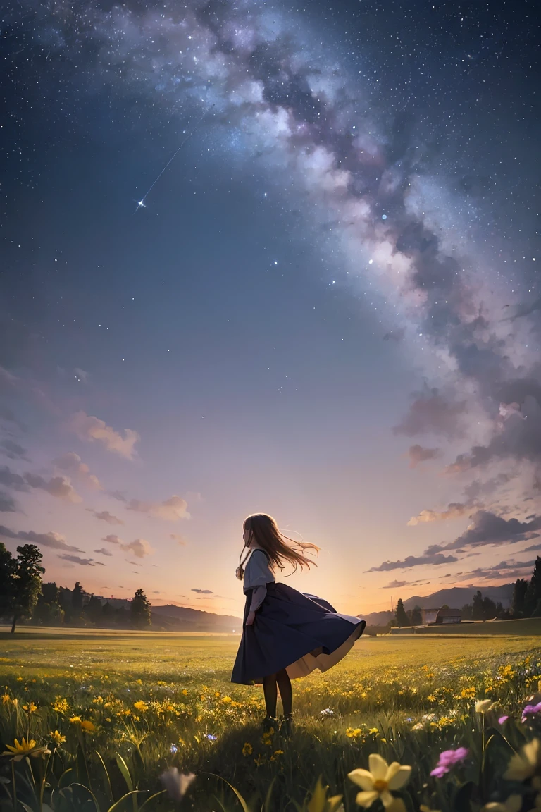 A girl on a meadow,Stars twinkling in the sky,Shining Star,milky way,full moon,I look up and see,Wildflowers are in full bloom,Pure World,masterpiece,Highest quality,最高masterpiece,Detailed anime art,Digital Art,