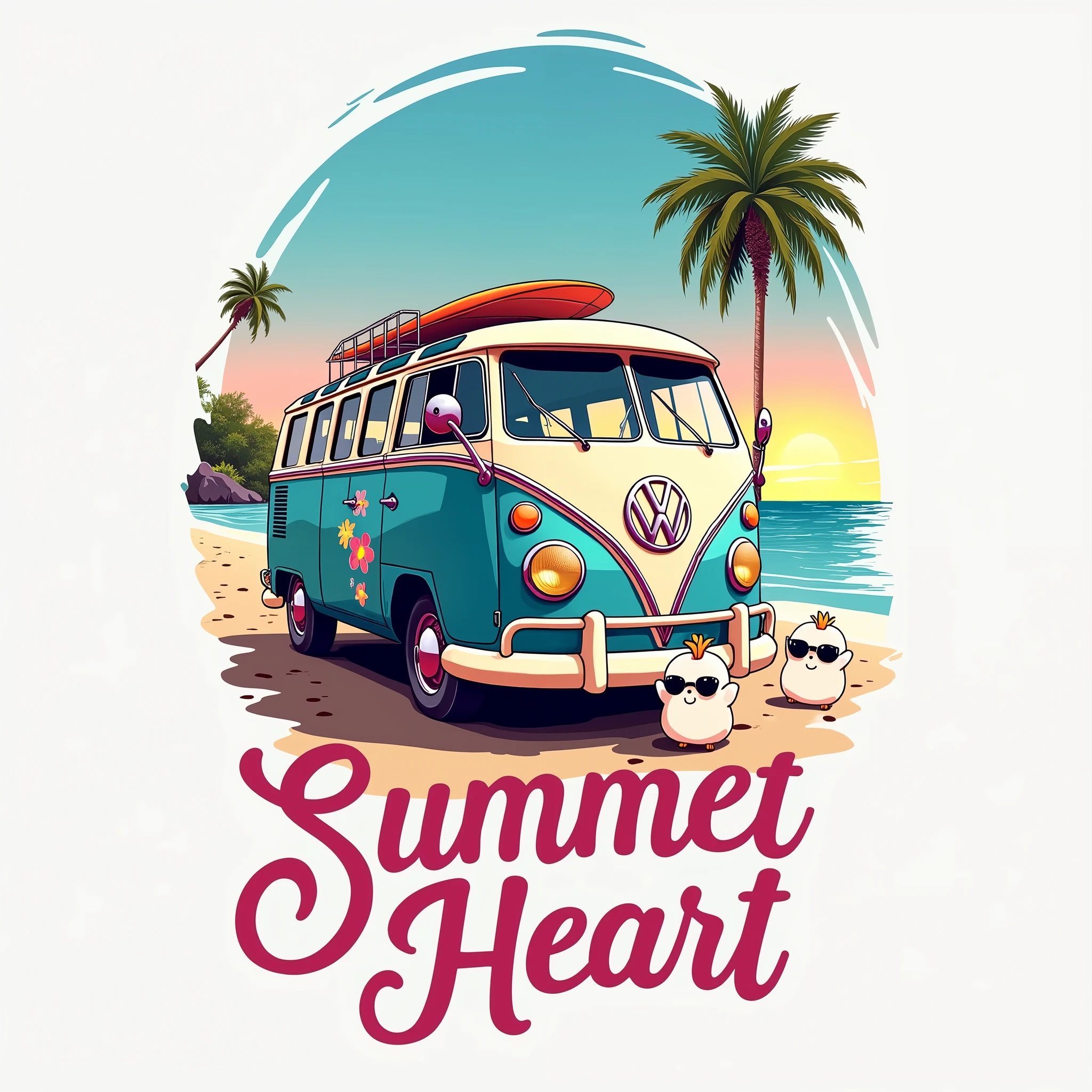 create an illustration with good contrast, with fine and delicate lines, cute fun, to the audience (The image shows a vintage Volkswagen Type 2 van, known as VW Bus, parked on a beach with a clear sky and the sun setting or rising in the background. The van is painted in light blue and white, with several colorful flower stickers and the iconic VW logo on the front. No roof from van, there is a rack with two surfboards attached. ((3 squishmallows shaped like cute stuffed animals happily playing and wearing big black sunglasses.)), The sand looks smooth, with some footprints leading to the van. the art in general presents a distribution with characteristics of shirt prints, which do not end in a rectangular shape. Below this scene, there is text that says “Summer Heart” or something related to high summer in a stylized cursive font that suggests a relaxed summer vibe. The font color transitions from pink at the top to yellow at the bottom, imitating a sunset. This image evokes nostalgia for summer travel and beach adventures., symbolizing freedom and leisure