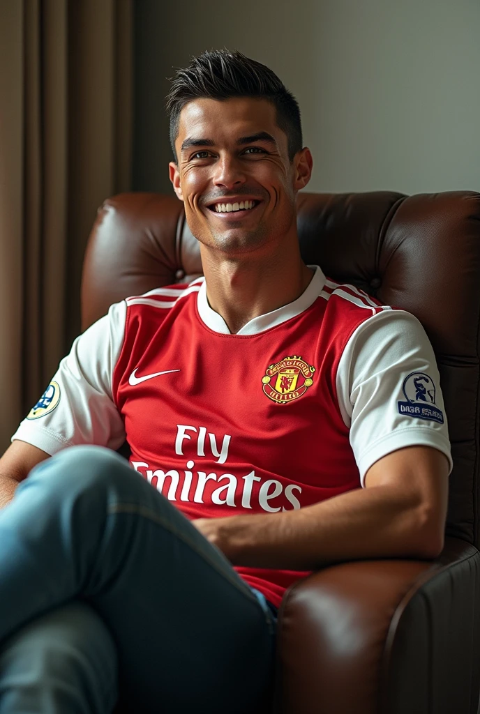 Ronaldo seating on the chair and blink his one eye and looks happy wearing his jersey. Looks natural