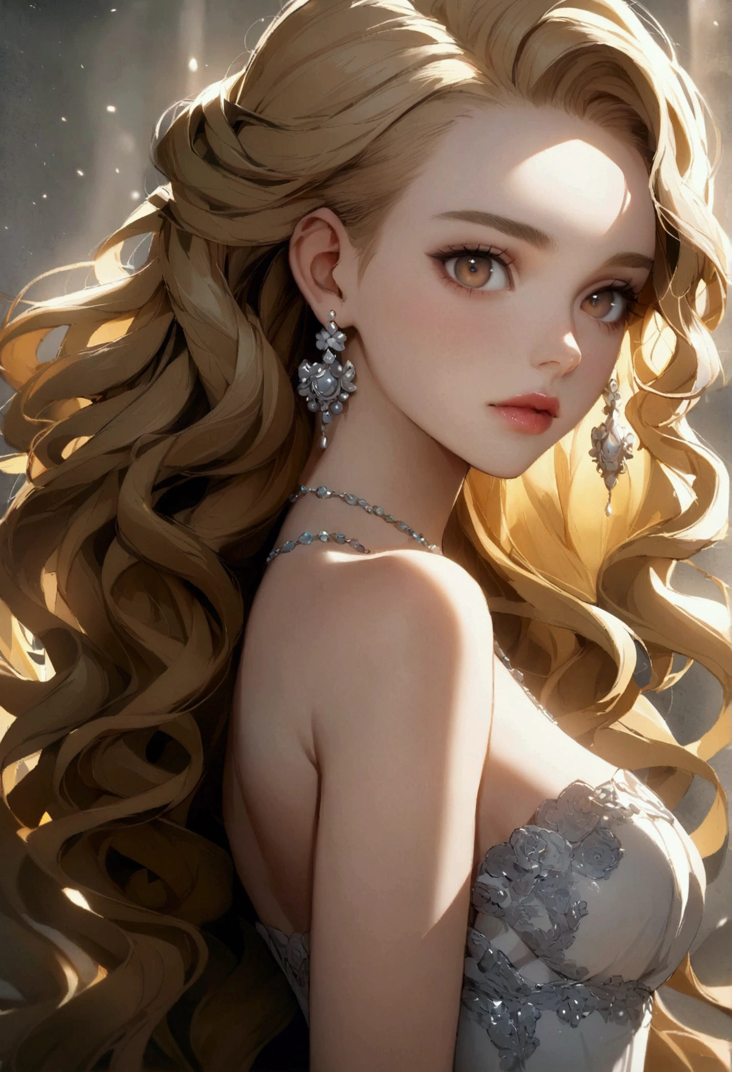 rating:safe, jewelry, earrings, 1girl, solo, long_hair, wavy_hair, breasts, lips, bare_shoulders, looking_at_viewer, blonde_hair, dress, strapless, upper_body, medium_breasts, necklace, forehead, strapless_dress