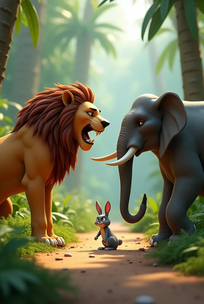 In 3d animation style"The lion, looking hungry, has stopped in the middle of the jungle path, and is asking the elephant to bring out the food. The rabbit is watching closely with a sly grin"