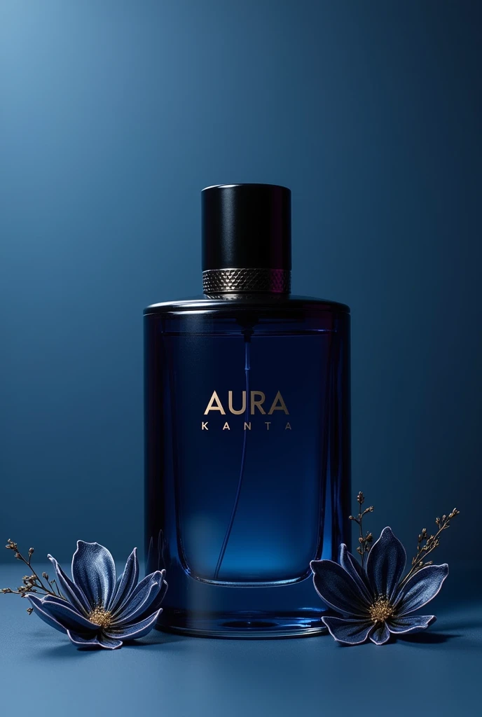 Dark blue perfume bottle with modern looking with brand name "Aura"with some decoration elements