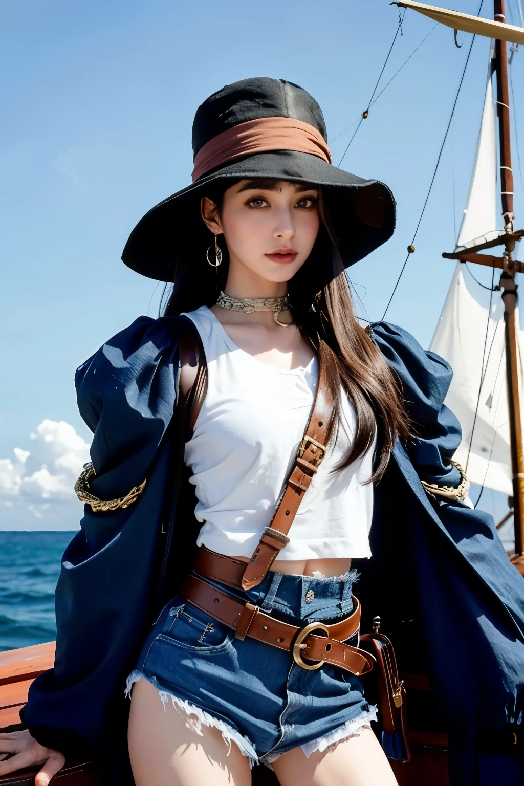 female cat furry, Fantasy Medieval Pirate, Saber in hand, bandana, Pirate hat, A shot of a hat, Boat, sail, Sea and sky in the background, Text only, Correct Female Anatomy, beautiful woman anthro, Cat's head, Greg Rutkowski's Fur Art, Digital art by artgerm, Detailed Art, masterpiece, digital painting, correct anatomy