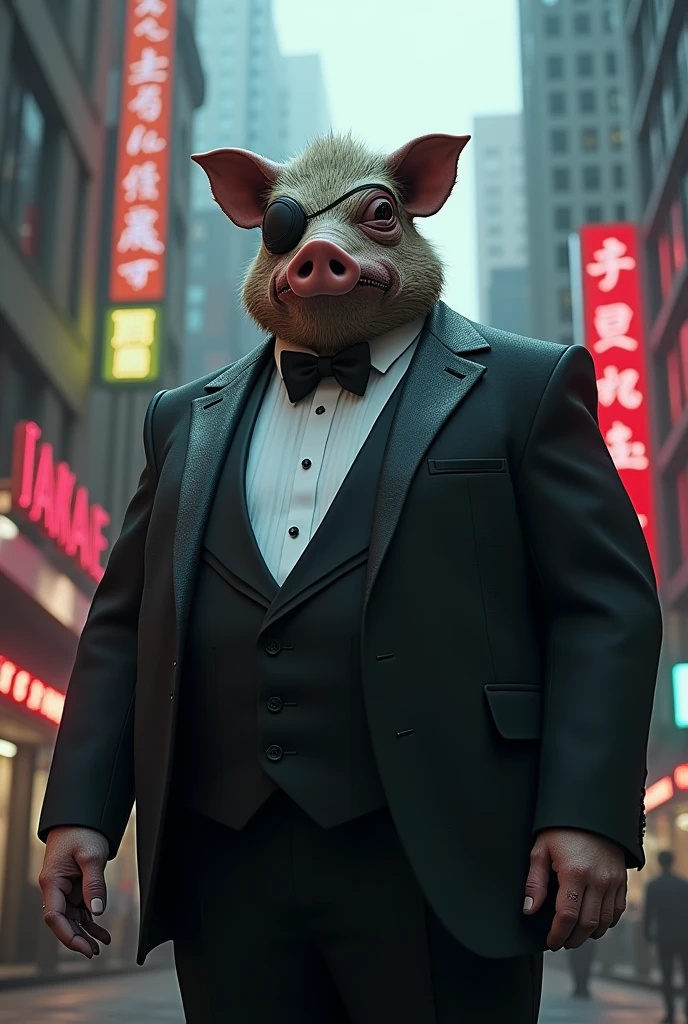 Rich man with scary hog head with eye patch wear tuxedo, big boss vibes, fat body, with cyberpunk city background, cinematic, realistic, high details, journey to the West, humanoid, main villain, realistic, depressed