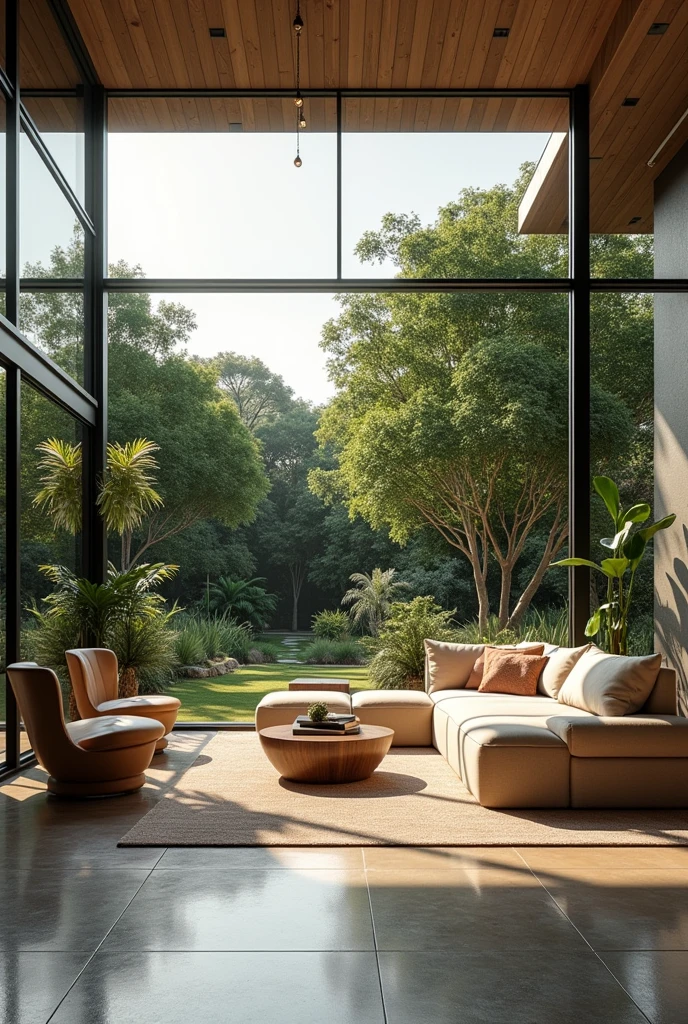 Interior design , contemporary living room , in Brazil , glass frame , view of external garden , ultra realisitic , 4K , High-resolution rendering