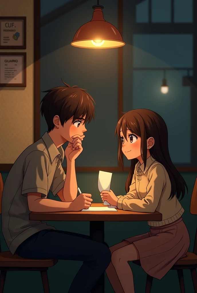 Prompt 2: Two people (Boy and Girl ) sitting across from each other at a small table. One writes "Dil" on a piece of paper, slides it over, and the girl clutches it tightly to their chest.