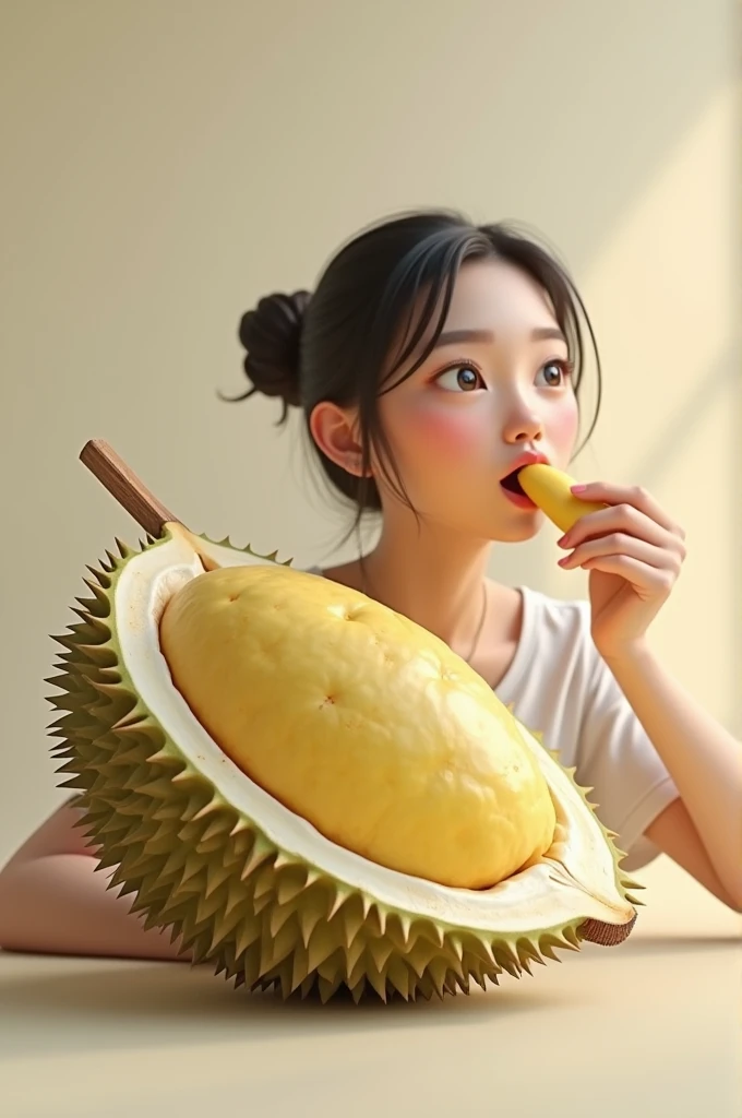 a woman is eating a very realistic 3d fat cute durian