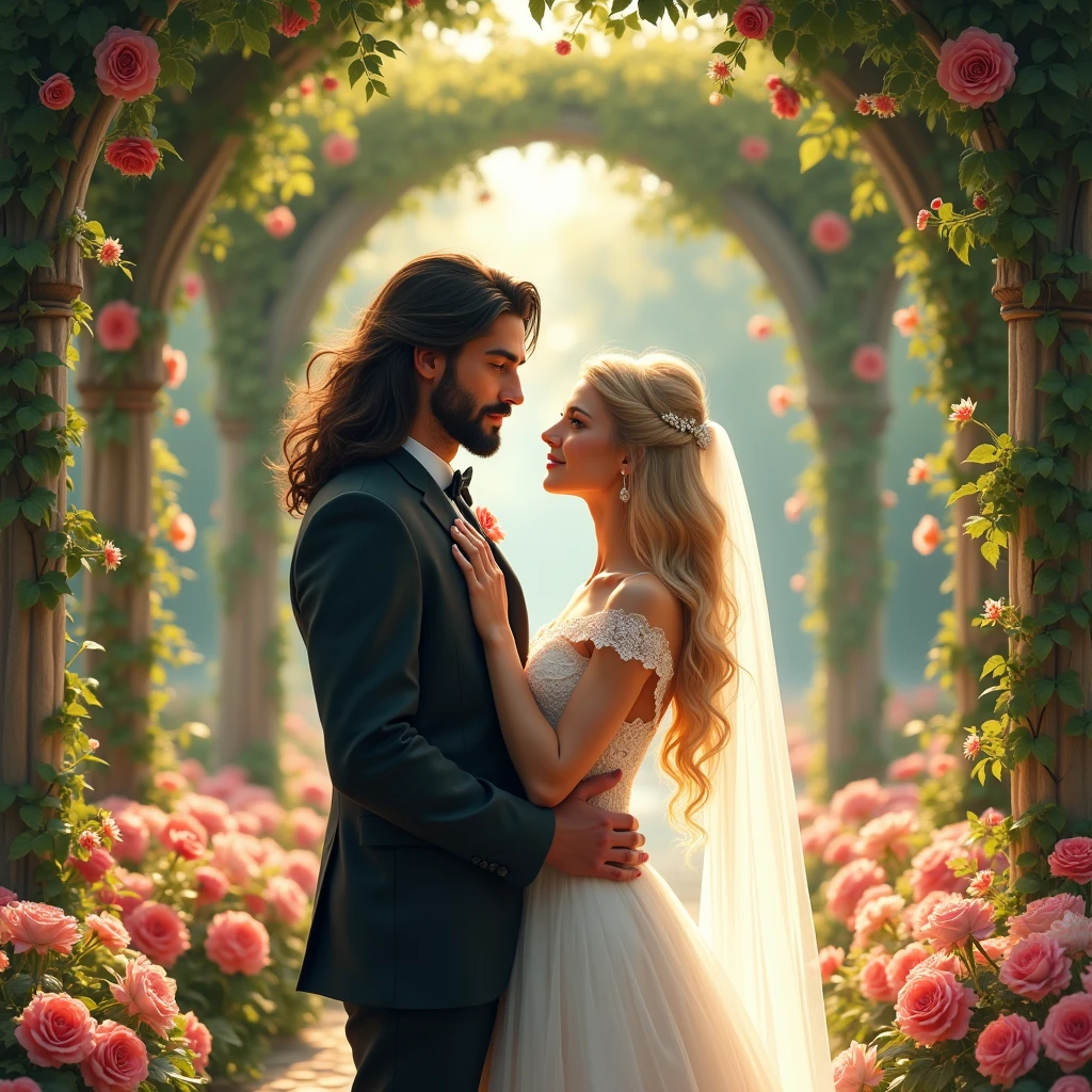 A long-haired man and a blonde woman are the bride and groom