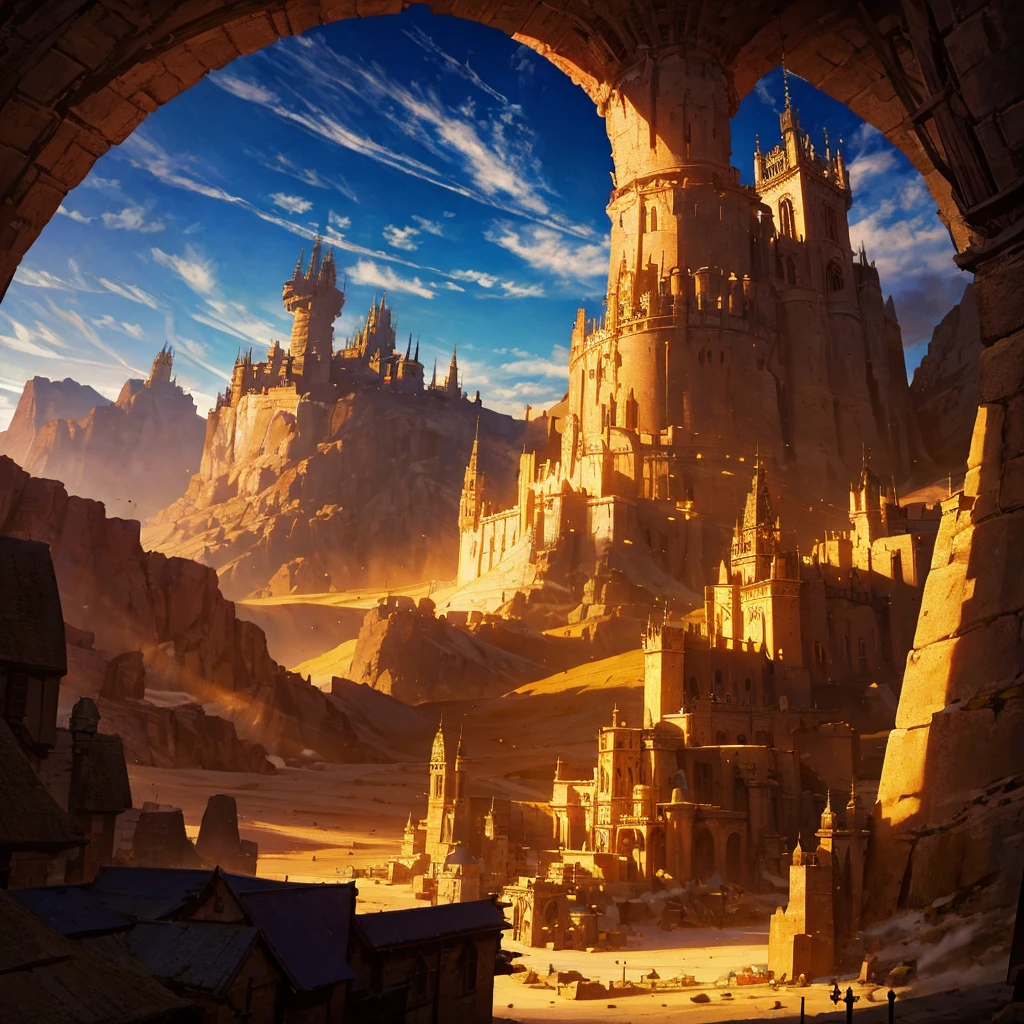 aerial view of a very luxurious medieval desert cornucopia with detailed hobbit houses, with very detailed houses and buildings, cinematic lighting, god rays, anime style, UHD, masterpiece, accurate, high quality, highres