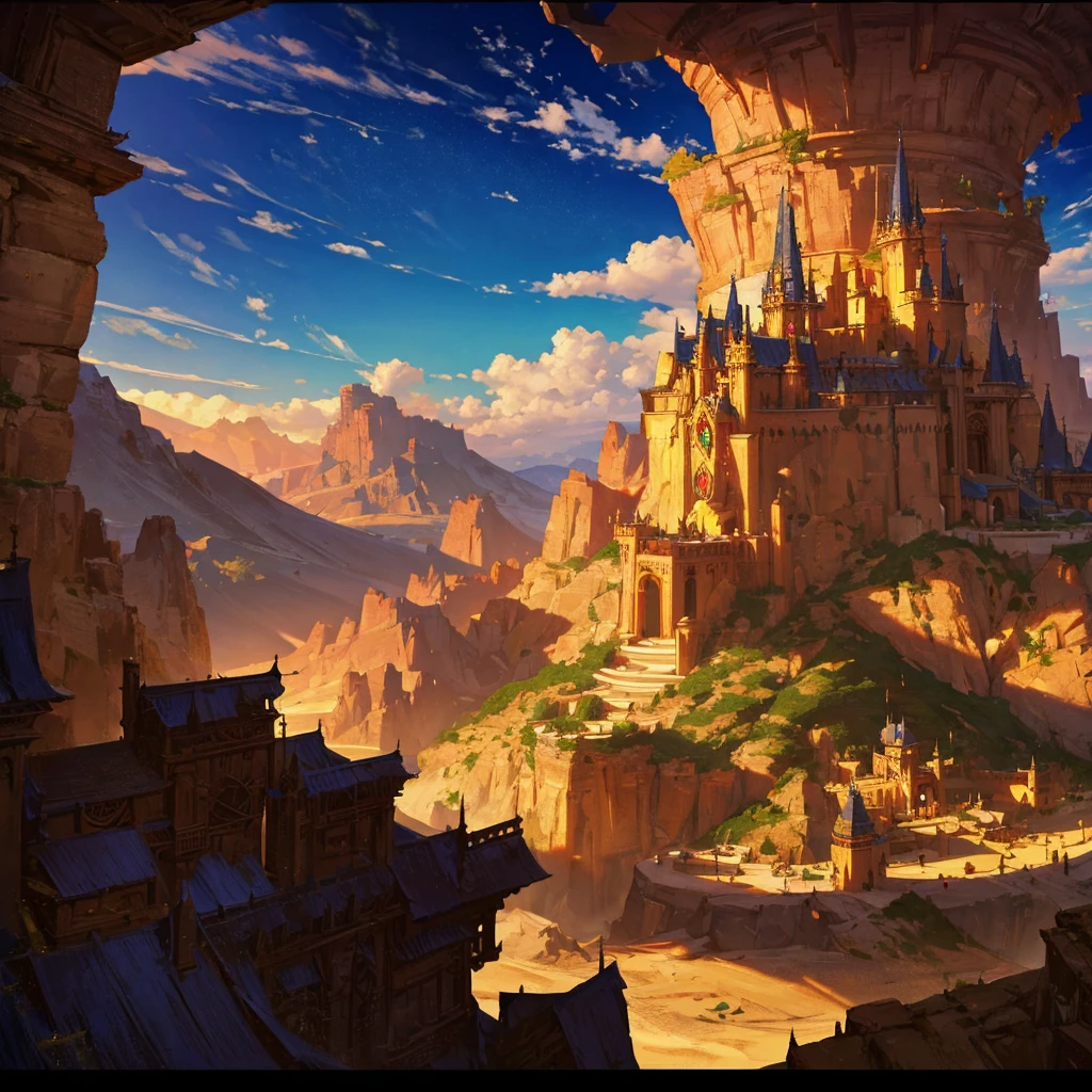 aerial view of a very luxurious medieval desert cornucopia with detailed hobbit houses, with very detailed houses and buildings, cinematic lighting, god rays, anime style, UHD, masterpiece, accurate, high quality, highres