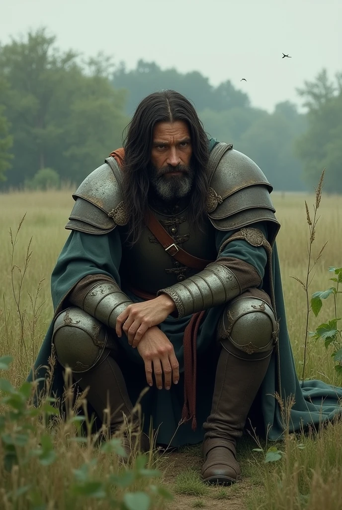 a lonely medieval soldier, black hair long to the shoulders back, short beard, sitting in a field, thinking about everything, calmed down