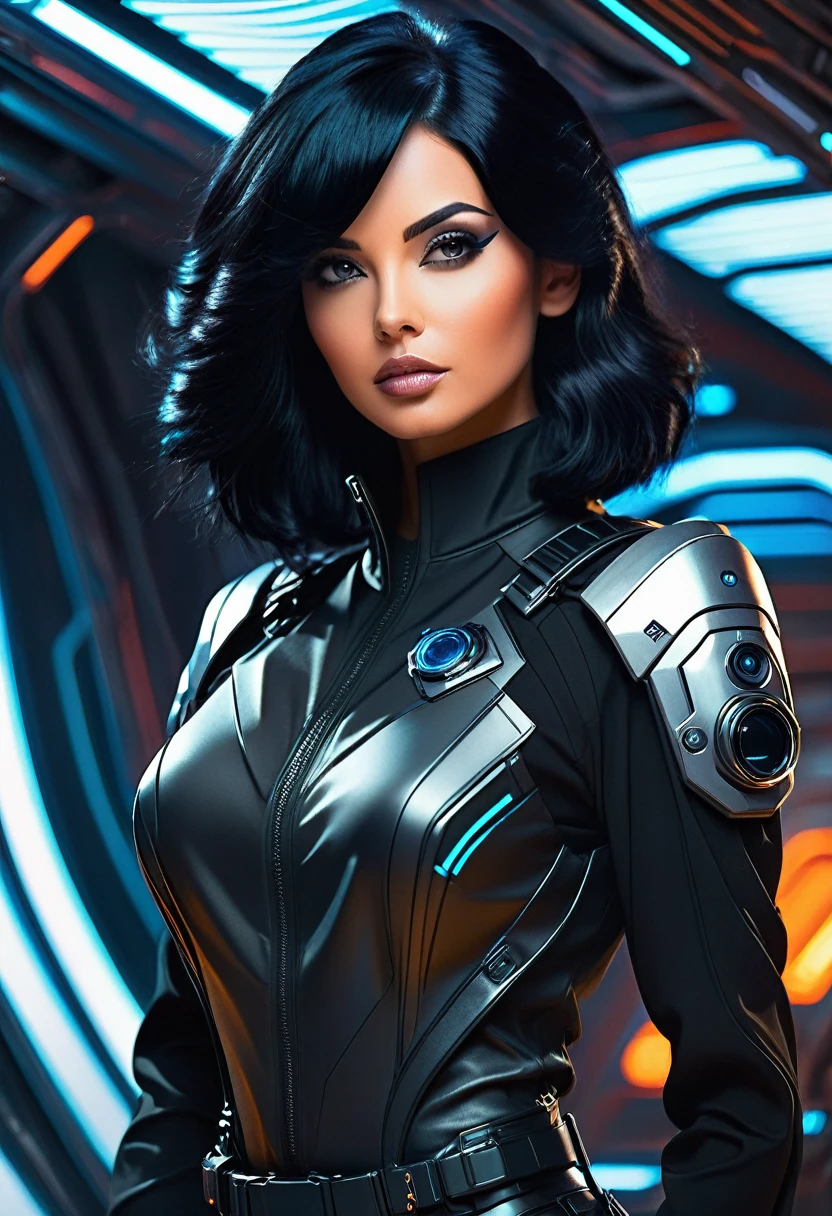 a beautiful woman with black hair, in futuristic intergalactic agent clothes