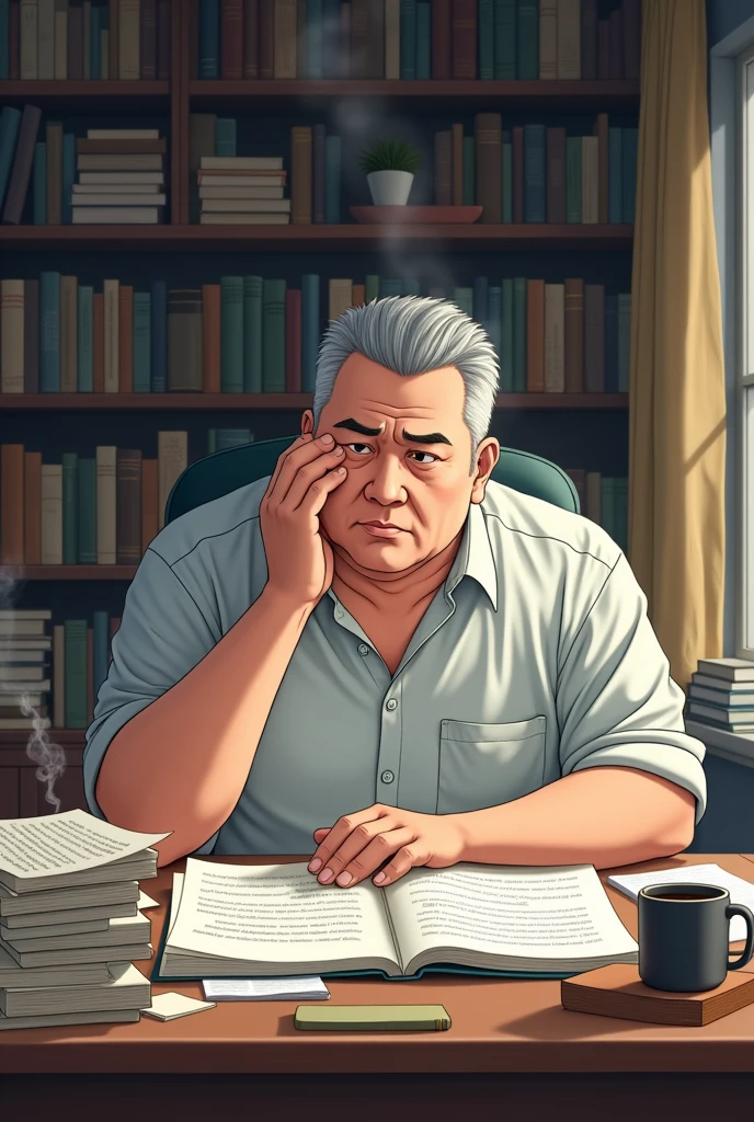 Create an anime of a 30 year old man, 110 kg, short gray hair, studying for a competition, reading books with coffee on the side