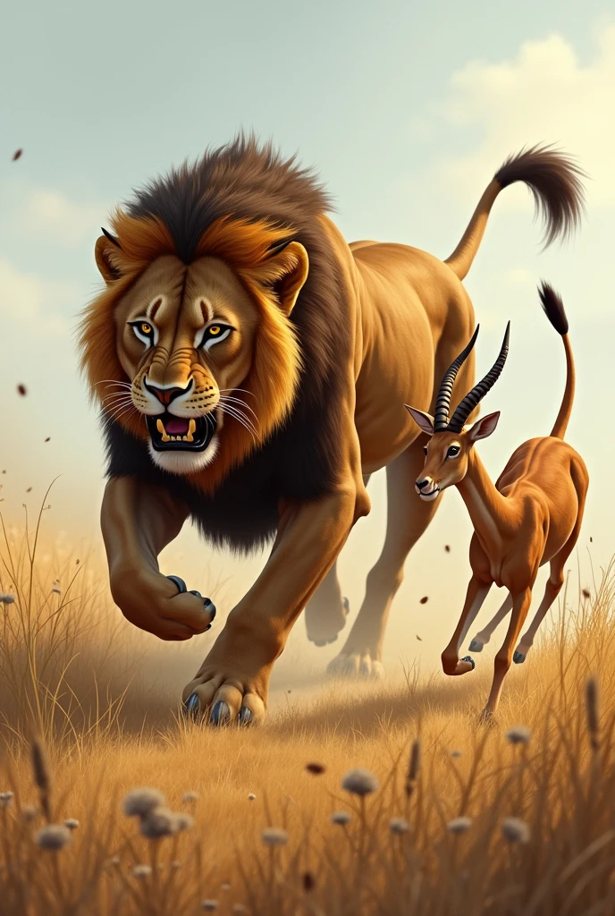 - **Lion Hunting a Gazelle:** Show a lion in the act of hunting or attacking a gazelle. You can depict the lion in a predatory stance and the gazelle appearing alarmed or trying to escape.