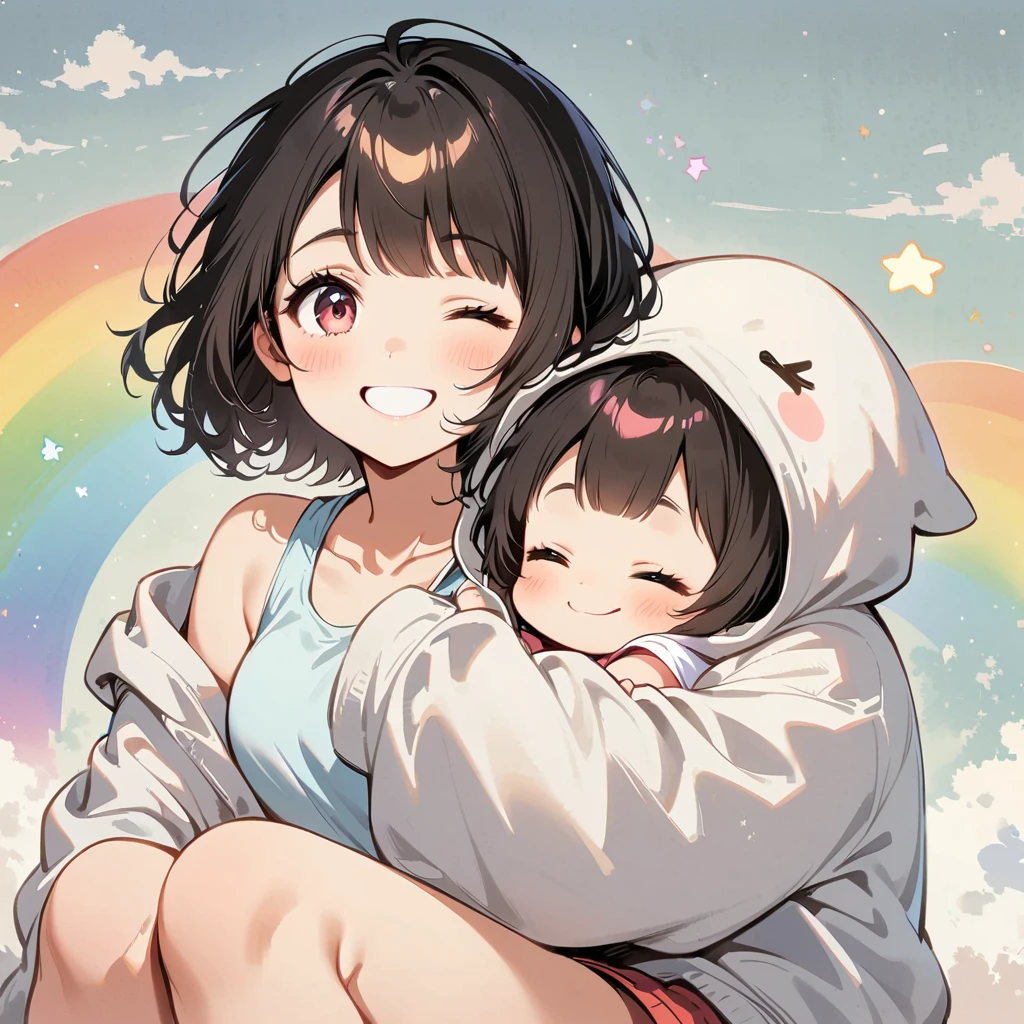 Sleeping on your side、Pink the bottom of your black hair,Short Hair Rainbow、sitting on a rainbow、Put on a hoodie、big Smile、smiling、short hair、1 Girl, alone,Big eyes,Cute expression,Tank top、interesting,Clean Lines