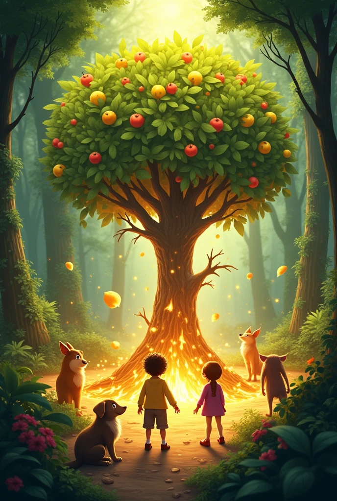 Scene 7: Planting the Seed in the Forest
Prompt: "In the heart of the forest, the three friends plant the golden seed into the rich soil. As soon as the seed is planted, a magnificent tree begins to grow rapidly, its branches spreading wide and bearing colorful fruit. Animals from the forest gather around in joy, celebrating the new life and prosperity that the tree brings. Benny, Tara, and Ollie stand proudly together, watching the tree flourish
animal animation photo