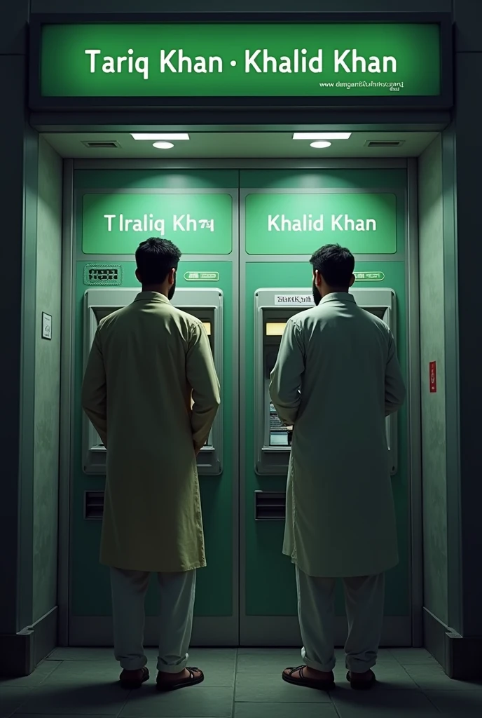 Generate a picture of two men ,age 26 years, wearing shalwar qames waiting depressed  in ATM for his salary. "Tariq khan" and "khalid khan" names must be written in ATM wall clearly.