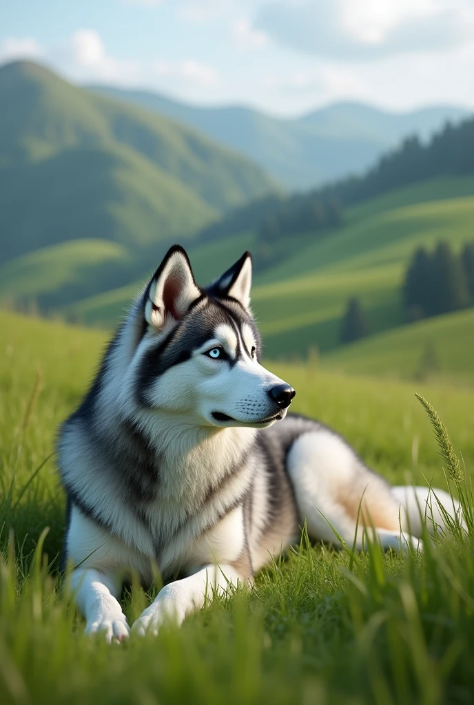 Siberian Husky dog ​​lying in a tall grassy field in a valley. The dog has a thick, white and gray-black coat, with distinct black markings on its back and ears. Its striking blue eyes are looking to the side, and its ears are erect, giving it an alert expression. The overall composition is simple, with the dog as the central focus, creating a beautiful valley with intense vivid colors 4k