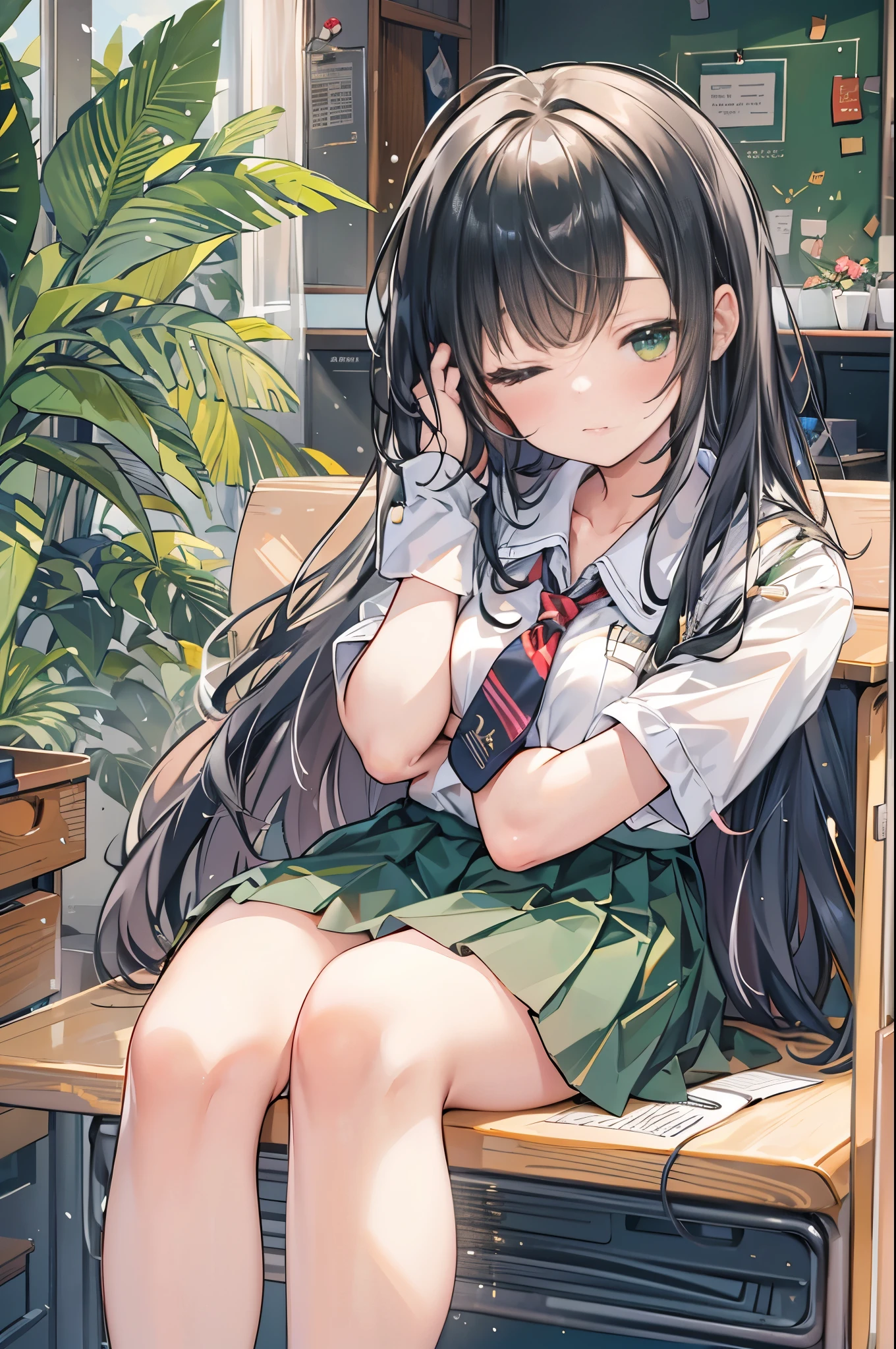 ((Highest quality, 8k, masterpiece: 1.3)), whole body,1 personの,1 person,,Glamorous Body,cute,Sleeping face,Black Hair,Beautiful emerald green eyes,Long Hair,((Close your eyes)),((White short-sleeved blouse,tie)),((Green pleated mini skirt,loafers)),((In the classroom,Sit on a chair,Fold your arms and put your face down on the desk)),